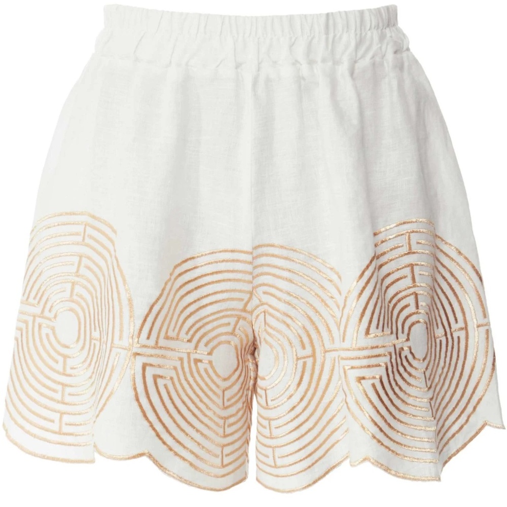 Greek Archaic Kori Gold Circle White Linen Shorts Bridal Vacation Summer Scallop